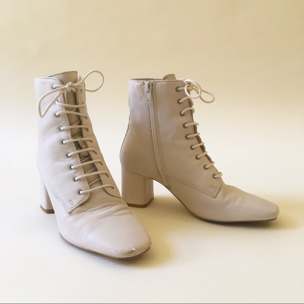 Cream Ivory Leather Lace Up Ankle Boots 6 - Picture 2 of 6